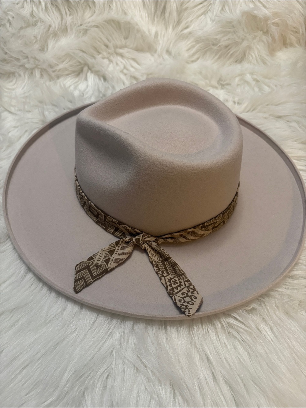 Womens Wide Brim Felt Hat with Aztec Tie - Beige